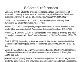 Selected references
Baker, A. (2014). Students’ preferences regarding four characteristics of
information literacy screencasts. Journal of Library & Information Services in
Distance Learning, 8(1/2), 67-80. doi:10.1080/1533290X.2014.916247
Case, D. E., & Davidson, R. C. (2011). Accessible online learning. New
Directions for Student Services, 134, 47-58.
Evans, D. J. (2011). Using embryology screencasts: A useful addition to the
student learning experience? Anatomical Sciences Education, 4(2), 57-63.
Morris, C., & Chikwa, G. (2014). Screencasts: How effective are they and how
do students engage with them? Active Learning in Higher Education, 15(1), 25-
37.
Oud, J. (2011). Improving screencast accessibility for people with disabilities:
Guidelines and techniques. Internet Reference Services Quarterly, 16(3), 129-
144.
Silver, S. L., & Nickel, L. T. (2005). Are online tutorials effective? A comparison
of online and classroom library instruction methods. Research Strategies,
20(4), 389-396.
Tekinarslan, E. (2013). Effects of screencasting on the Turkish undergraduate
students’ achievement and knowledge acquisitions in spreadsheet applications.
 