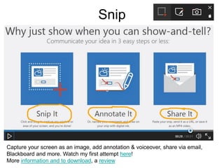 Snip
Capture your screen as an image, add annotation & voiceover, share via email,
Blackboard and more. Watch my first attempt here!
More information and to download, a review
 