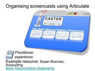 Example resource: Susan Brennan,
Accounting
Bank Reconciliation Statements
Practitioner
experience
Organising screencasts using Articulate
 