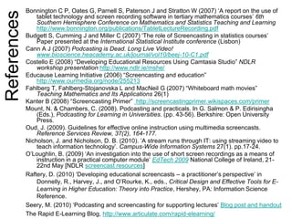 References Bonnington C P, Oates G, Parnell S, Paterson J and Stratton W (2007) ‘A report on the use of
tablet technology and screen recording software in tertiary mathematics courses’ 6th
Southern Hemisphere Conference on Mathematics and Statistics Teaching and Learning
http://www.bonnington.org/publications/TabletLectureRecording.pdf
Budgett S, Cumming J and Miller C (2007) ‘The role of Screencasting in statistics courses’
Paper presented at the International Statistical Institute conference (Lisbon)
Cann A J (2007) Podcasting is Dead. Long Live Video!
www.bioscience.heacademy.ac.uk/journal/vol10/beej-10-C1.pdf
Costello E (2008) “Developing Educational Resources Using Camtasia Studio” NDLR
workshop presentation http://www.ndlr.ie/mshe/
Educause Learning Initiative (2006) “Screencasting and education”
http://www.ourmedia.org/node/255213
Fahlberg T, Fahlberg-Stojanovska L and MacNeil G (2007) “Whiteboard math movies”
Teaching Mathematics and Its Applications 26(1)
Kanter B (2008) “Screencasting Primer” http://screencastingprimer.wikispaces.com/primer
Mount, N. & Chambers, C. (2008). Podcasting and practicals. In G. Salmon & P. Edirisingha
(Eds.), Podcasting for Learning in Universities. (pp. 43-56). Berkshire: Open University
Press.
Oud, J. (2009). Guidelines for effective online instruction using multimedia screencasts.
Reference Services Review, 37(2), 164-177.
Nicholson, J. and Nicholson, D. B. (2010). ’A stream runs through IT: using streaming video to
teach information technology’. Campus-Wide Information Systems 27(1). pp.17-24.
O’Loughlin, B. (2009) ‘An investigation into the use of short screen recordings as a means of
instruction in a practical computer module’ EdTech 2009 National College of Ireland, 21-
22nd May [NDLR screencast resources]
Raftery, D. (2010) ‘Developing educational screencasts – a practitioner’s perspective’ in
Donnelly, R., Harvey, J., and O’Rourke, K., eds., Critical Design and Effective Tools for E-
Learning in Higher Education: Theory into Practice, Hershey, PA: Information Science
Reference.
Seery, M. (2010) ‘Podcasting and screencasting for supporting lectures’ Blog post and handout
The Rapid E-Learning Blog, http://www.articulate.com/rapid-elearning/
 
