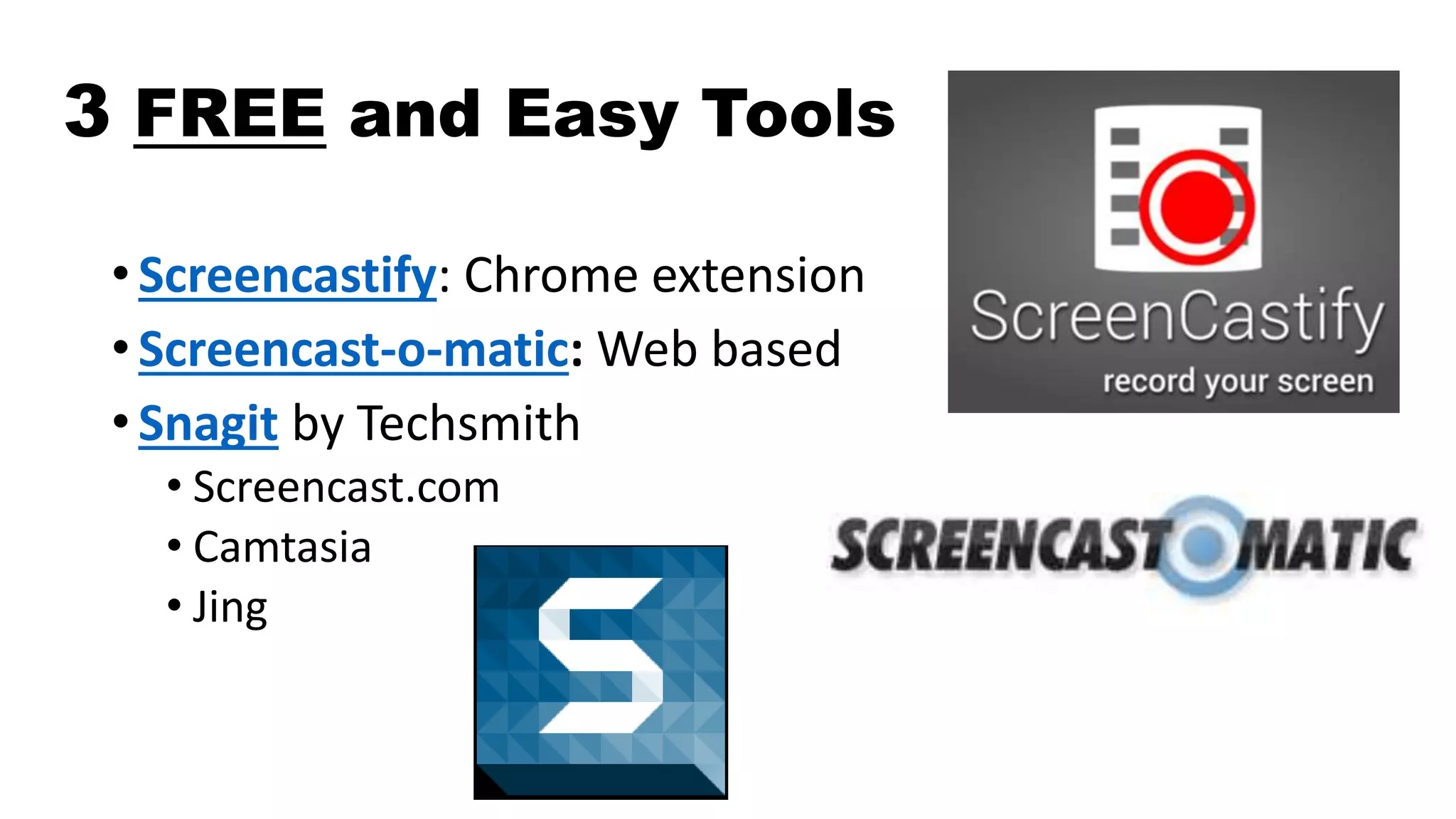 3 FREE and Easy Tools
• Screencastify: Chrome extension
• Screencast-o-matic: Web based
• Snagit by Techsmith
• Screencast.com
• Camtasia
• Jing
 