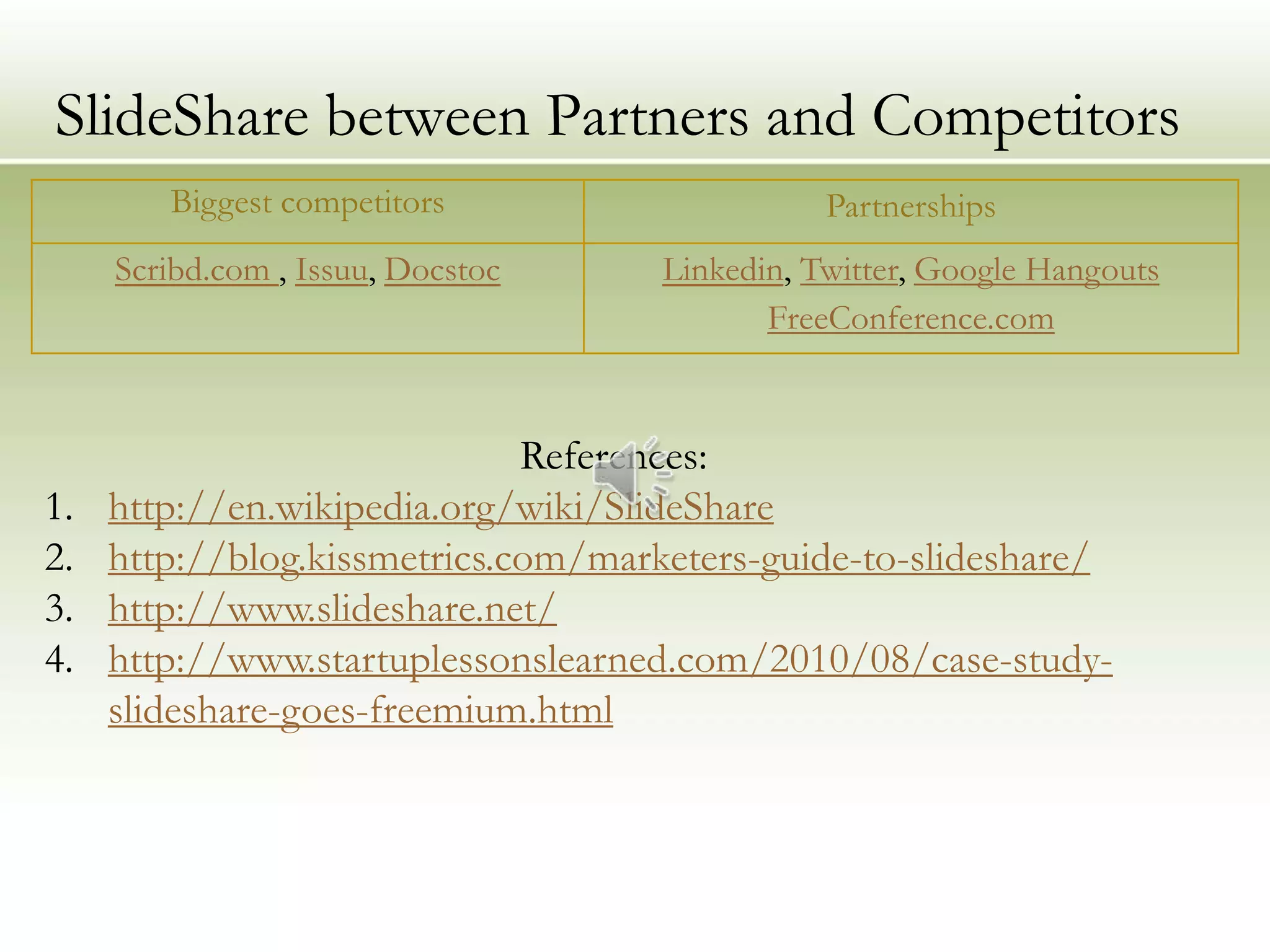 SlideShare between Partners and Competitors
        Biggest competitors                     Partnerships
     Scribd.com , Issuu, Docstoc     Linkedin, Twitter, Google Hangouts
                                            FreeConference.com


                              References:
1.   http://en.wikipedia.org/wiki/SlideShare
2.   http://blog.kissmetrics.com/marketers-guide-to-slideshare/
3.   http://www.slideshare.net/
4.   http://www.startuplessonslearned.com/2010/08/case-study-
     slideshare-goes-freemium.html
 