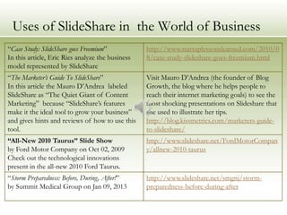 Uses of SlideShare in the World of Business
“Case Study: SlideShare goes Freemium”            http://www.startuplessonslearned.com/2010/0
In this article, Eric Ries analyze the business   8/case-study-slideshare-goes-freemium.html
model represented by SlideShare
“The Marketer’s Guide To SlideShare”              Visit Mauro D’Andrea (the founder of Blog
In this article the Mauro D’Andrea labeled        Growth, the blog where he helps people to
SlideShare as “The Quiet Giant of Content         reach their internet marketing goals) to see the
Marketing” because “SlideShare’s features         most shocking presentations on Slideshare that
make it the ideal tool to grow your business”     she used to illustrate her tips.
and gives hints and reviews of how to use this    http://blog.kissmetrics.com/marketers-guide-
tool.                                             to-slideshare/
“All-New 2010 Taurus” Slide Show                  http://www.slideshare.net/FordMotorCompan
by Ford Motor Company on Oct 02, 2009             y/allnew-2010-taurus
Check out the technological innovations
present in the all-new 2010 Ford Taurus.
“Storm Preparedness: Before, During, After!”      http://www.slideshare.net/smgnj/storm-
by Summit Medical Group on Jan 09, 2013           preparedness-before-during-after
 
