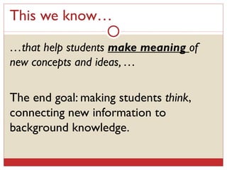 This we know… … that help students  make meaning  of new concepts and ideas, … The end goal: making students  think , connecting new information to background knowledge. 