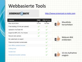 Webbasierte Tools
                http://www.screencast-o-matic.com



                                  Mausklicks
                                  hervorheben




                                  Webcam-Bild
                                  einblenden




                                  15 min Aufnahme
                                  möglich
 