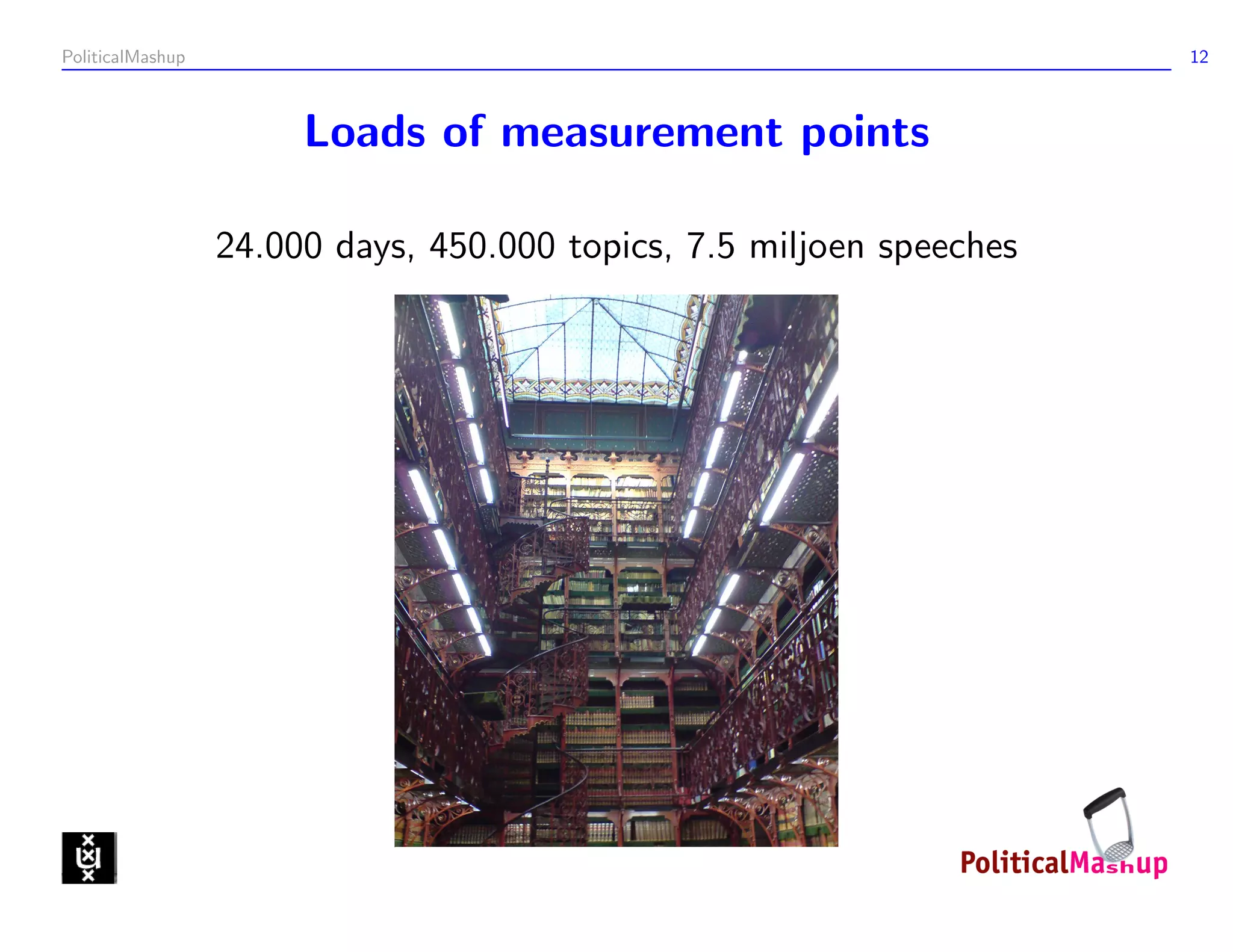 PoliticalMashup                                                       12



                       Loads of measurement points

                  24.000 days, 450.000 topics, 7.5 miljoen speeches
 