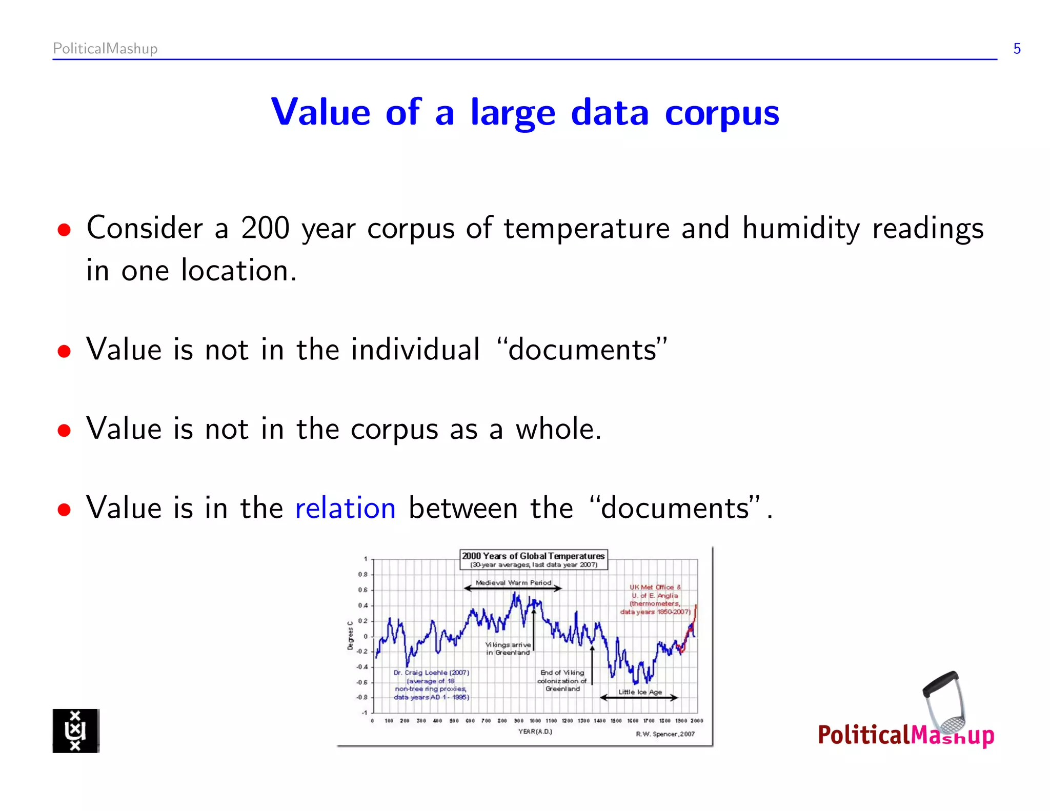 PoliticalMashup                                                     5



                  Value of a large data corpus

• Consider a 200 year corpus of temperature and humidity readings
  in one location.

• Value is not in the individual “documents”

• Value is not in the corpus as a whole.

• Value is in the relation between the “documents”.
 