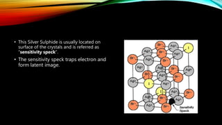 • This Silver Sulphide is usually located on
surface of the crystals and is referred as
“sensitivity speck”.
• The sensitivity speck traps electron and
form latent image.
 