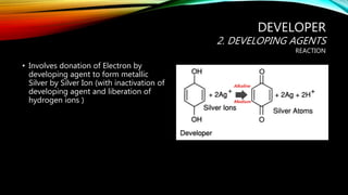 DEVELOPER
2. DEVELOPING AGENTS
REACTION
• Involves donation of Electron by
developing agent to form metallic
Silver by Silver Ion (with inactivation of
developing agent and liberation of
hydrogen ions )
Alkaline
Medium
 