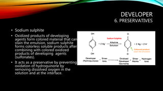 DEVELOPER
6. PRESERVATIVES
• Sodium sulphite
• Oxidized products of developing
agents form colored material that can
stain the emulsion, sodium sulphite
forms colorless soluble products after
combining with colored oxidized
products of developing agents
(sulfonates).
• It acts as a preservative by preventing
oxidation of hydroquinone by
removing dissolved oxygen in the
solution and at the interface.
Sodium Sulphite
Coloured product
(stain the emulsion)
 