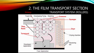 2. THE FILM TRANSPORT SECTION
TRANSPORT SYSTEM (ROLLERS)
Turnaround
Entrance
Deep
Racks
Crossover
Squeegee
Dryer
 
