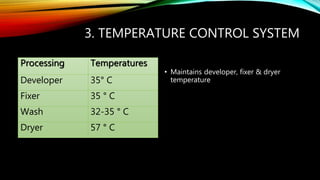 3. TEMPERATURE CONTROL SYSTEM
Processing Temperatures
Developer 35° C
Fixer 35 ° C
Wash 32-35 ° C
Dryer 57 ° C
• Maintains developer, fixer & dryer
temperature
 