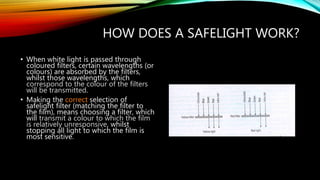 HOW DOES A SAFELIGHT WORK?
• When white light is passed through
coloured filters, certain wavelengths (or
colours) are absorbed by the filters,
whilst those wavelengths, which
correspond to the colour of the filters
will be transmitted.
• Making the correct selection of
safelight filter (matching the filter to
the film), means choosing a filter, which
will transmit a colour to which the film
is relatively unresponsive, whilst
stopping all light to which the film is
most sensitive.
 