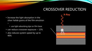 CROSSOVER REDUCTION
• Increase the light absorption in the
silver halide grains of the film emulsion
–
• use light-absorbing dye on film base
• can reduce crossover exposure ~ 13%
• also reduces system speed by up to
40%
X-Ray
 