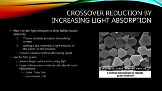 CROSSOVER REDUCTION BY
INCREASING LIGHT ABSORPTION
• Match screen light emission to silver halide natural
sensitivity
1. Yttrium tantalate phosphor intensifying
screens
2. Adding a dye, matched to light emission of
the screen, to the emulsion
• reduces crossover without decreasing speed
• use flat film grains
• present larger surface to incoming light
• Large surface-area-to-volume ratio absorb more
light photons
• Kodak “T-Mat” film
• cuts crossover ~ X2
 