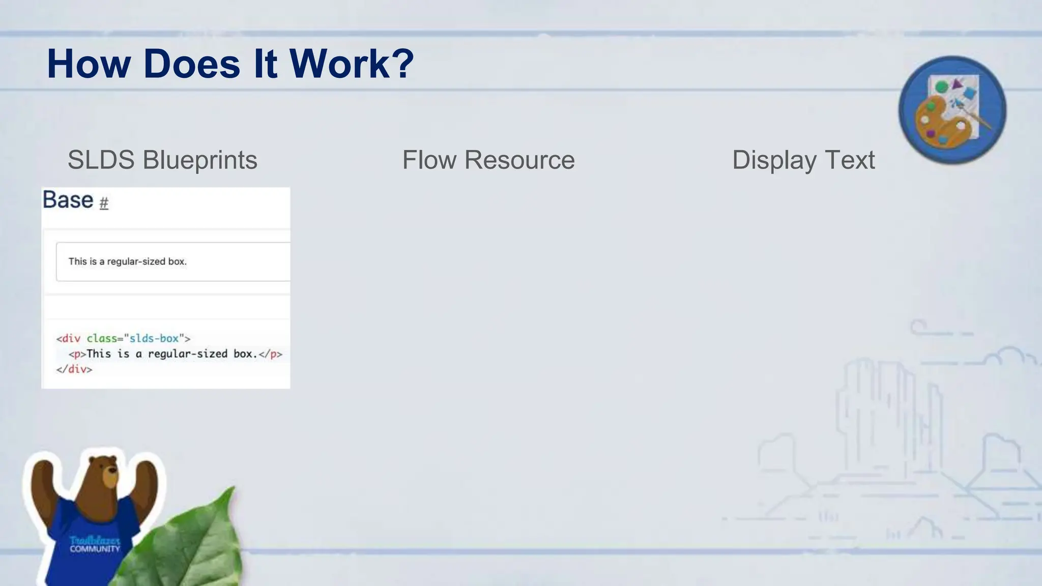 How Does It Work?
SLDS Blueprints Flow Resource Display Text
 