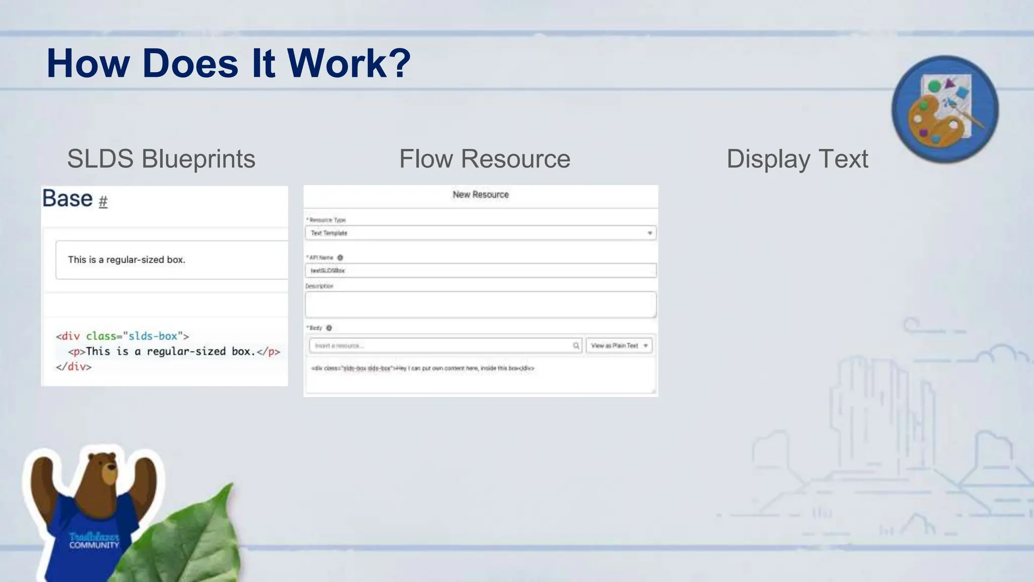 How Does It Work?
SLDS Blueprints Flow Resource Display Text
 