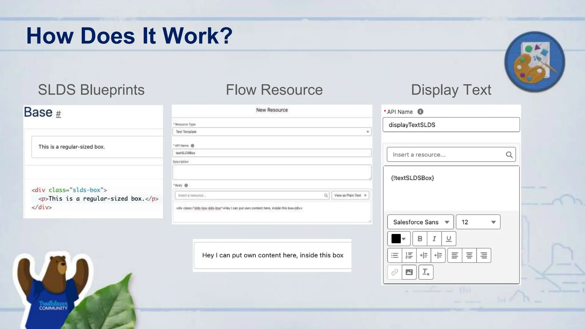 How Does It Work?
SLDS Blueprints Flow Resource Display Text
 