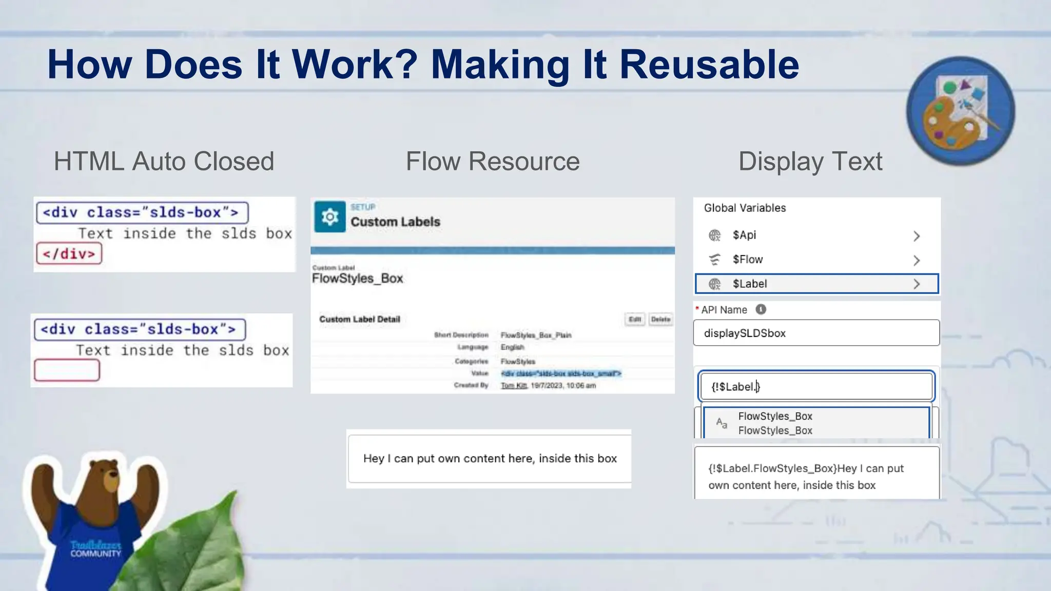 How Does It Work? Making It Reusable
HTML Auto Closed Flow Resource Display Text
 