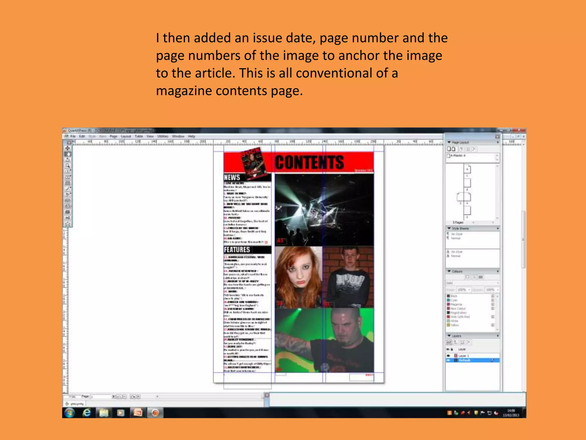 I then added an issue date, page number and the
page numbers of the image to anchor the image
to the article. This is all conventional of a
magazine contents page.
 