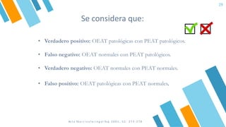 Se considera que:
29
• Verdadero positivo: OEAT patológicas con PEAT patológicos.
• Falso negativo: OEAT normales con PEAT patológicos.
• Verdadero negativo: OEAT normales con PEAT normales.
• Falso positivo: OEAT patológicas con PEAT normales.
Ac t a Ot o r r i n o l a r i n g o l Es p 2 0 0 1 ; 5 2 : 2 7 3 - 2 7 8
 
