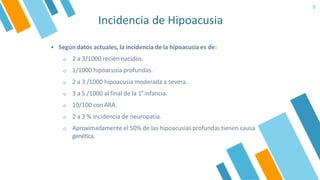 Incidencia de Hipoacusia
6
▪ Según datos actuales, la incidencia de la hipoacusia es de:
o 2 a 3/1000 recién nacidos.
o 1/1000 hipoacusia profundas.
o 2 a 3 /1000 hipoacusia moderada a severa.
o 3 a 5 /1000 al final de la 1°infancia.
o 10/100 conARA.
o 2 a 3 % incidencia de neuropatía.
o Aproximadamente el 50% de las hipoacusias profundas tienen causa
genética.
 