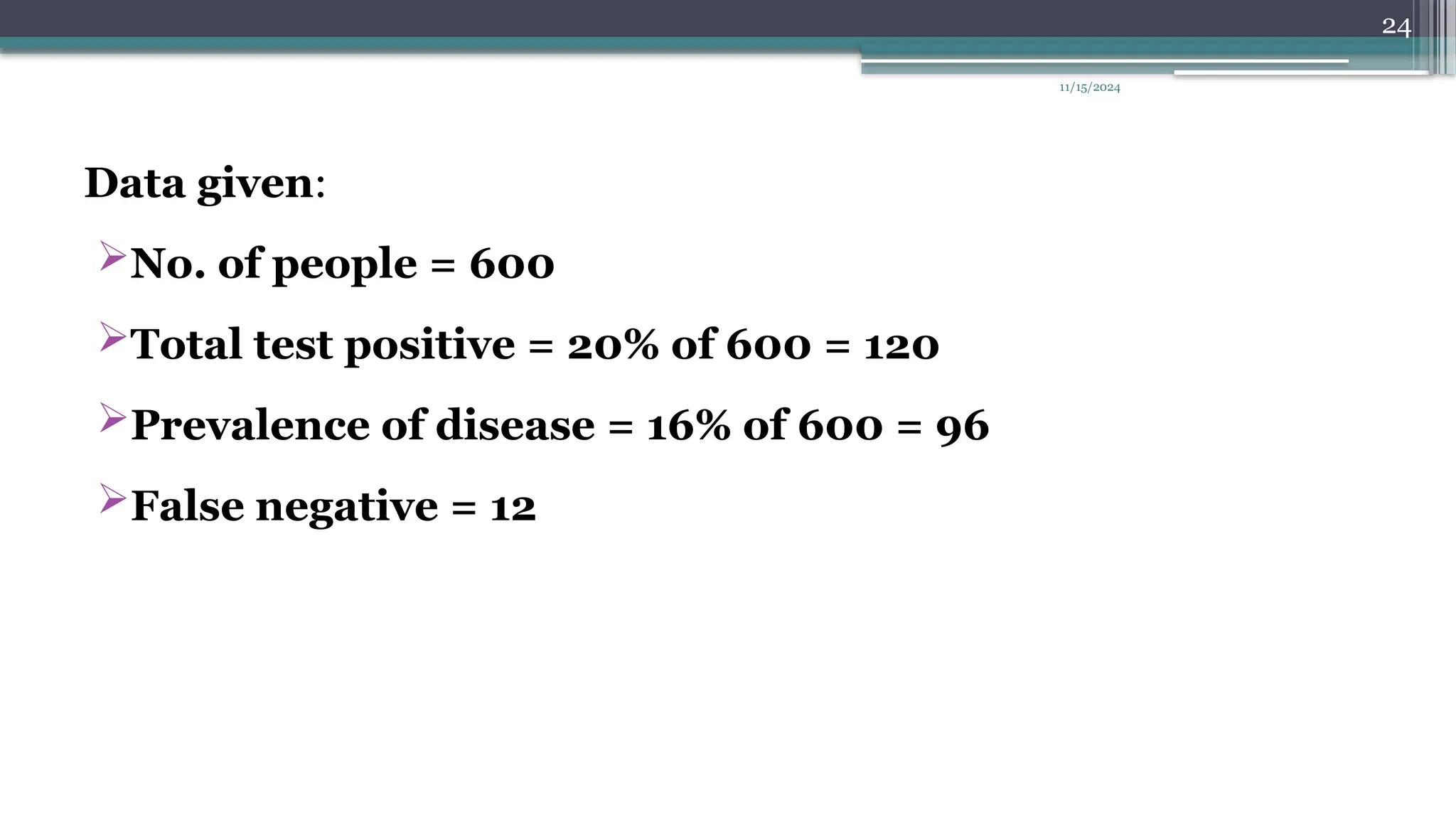 11/15/2024
24
Data given:
No. of people = 600
Total test positive = 20% of 600 = 120
Prevalence of disease = 16% of 600 = 96
False negative = 12
 