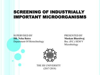 SCREENING OF INDUSTRIALLY
IMPORTANT MICROORGANISMS
SUPERVISED BY
DR. Neha Batra
Department Of Biotechnology
PRESENTED BY
Muskan Bhardwaj
Bsc. (P.C.) SEM V
Microbiology
THE IIS UNIVERSITY
(2017-2018)
 