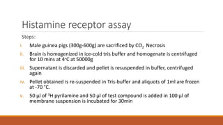 Histamine receptor assay
Steps:
i. Male guinea pigs (300g-600g) are sacrificed by CO2 Necrosis
ii. Brain is homogenized in ice-cold tris buffer and homogenate is centrifuged
for 10 mins at 4°C at 50000g
iii. Supernatant is discarded and pellet is resuspended in buffer, centrifuged
again
iv. Pellet obtained is re-suspended in Tris-buffer and aliquots of 1ml are frozen
at -70 °C.
v. 50 µl of 3H pyrilamine and 50 µl of test compound is added in 100 µl of
membrane suspension is incubated for 30min
 