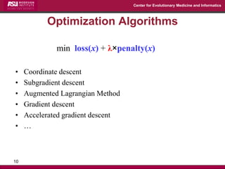 Center for Evolutionary Medicine and Informatics 
Optimization Algorithms 
•Coordinate descent 
•Subgradient descent 
•Augmented Lagrangian Method 
•Gradient descent 
•Accelerated gradient descent 
•… 
10 
min loss(x) + λ×penalty(x)  