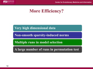 Center for Evolutionary Medicine and Informatics 
More Efficiency? 
12 
Very high dimensional data 
Non-smooth sparsity-induced norms 
Multiple runs in model selection 
A large number of runs in permutation test  