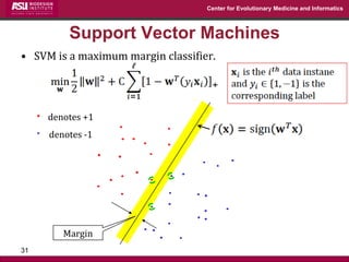 Center for Evolutionary Medicine and Informatics 
Support Vector Machines 
•SVM is a maximum margin classifier. 
31 
denotes +1 
denotes -1 
Margin  