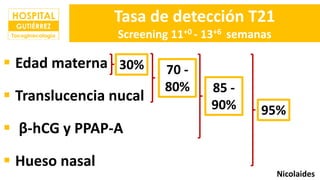 Tasa de detección T21
Screening 11+0 - 13+6 semanas
 Edad materna
 Translucencia nucal
 β-hCG y PPAP-A
 Hueso nasal
30% 70 -
80% 85 -
90% 95%
Nicolaides
 