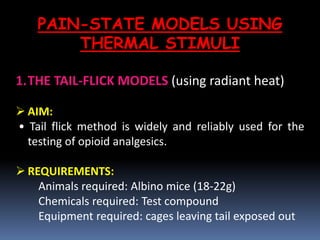 PAIN-STATE MODELS USING
THERMAL STIMULI
1.THE TAIL-FLICK MODELS (using radiant heat)
 AIM:
• Tail flick method is widely and reliably used for the
testing of opioid analgesics.
 REQUIREMENTS:
Animals required: Albino mice (18-22g)
Chemicals required: Test compound
Equipment required: cages leaving tail exposed out
 