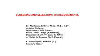 SCREENING AND SELECTION FOR RECOMBINANTS
Dr. Manikandan Kathirvel M.Sc., Ph.D., (NET)
Assistant Professor,
Department of Life Sciences,
Kristu Jayanti College (Autonomous),
(Reaccredited with "A" Grade by NAAC)
Affiliated to Bengaluru North University,
K. Narayanapura, Kothanur (PO)
Bengaluru 560077
 
