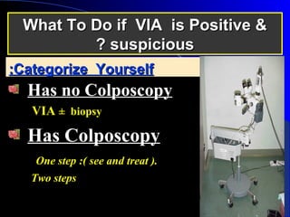 Categorize YourselfCategorize Yourself::
Has no ColposcopyHas no Colposcopy
VIAVIA ± biopsy± biopsy
Has ColposcopyHas Colposcopy
One step :( see and treat ).One step :( see and treat ).
Two stepsTwo steps
What To Do if VIA is Positive &What To Do if VIA is Positive &
suspicioussuspicious??
 