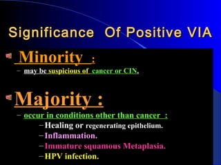 Significance Of Positive VIASignificance Of Positive VIA
MinorityMinority ::
– may bemay be suspicious ofsuspicious of cancer or CINcancer or CIN..
Majority :Majority :
– occur in conditions other than cancer :occur in conditions other than cancer :
– Healing orHealing or regenerating epithelium.regenerating epithelium.
– Inflammation.Inflammation.
– Immature squamous Metaplasia.Immature squamous Metaplasia.
– HPV infection.HPV infection.
 