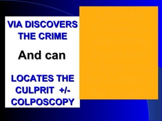 VIA DISCOVERSVIA DISCOVERS
THE CRIMETHE CRIME
LOCATES THELOCATES THE
CULPRIT +/-CULPRIT +/-
COLPOSCOPYCOLPOSCOPY
And canAnd can
CytologyCytology
discoversdiscovers
the crimethe crime
And needAnd need
ColposcopyColposcopy
for locatingfor locating
the culprit.the culprit.
 
