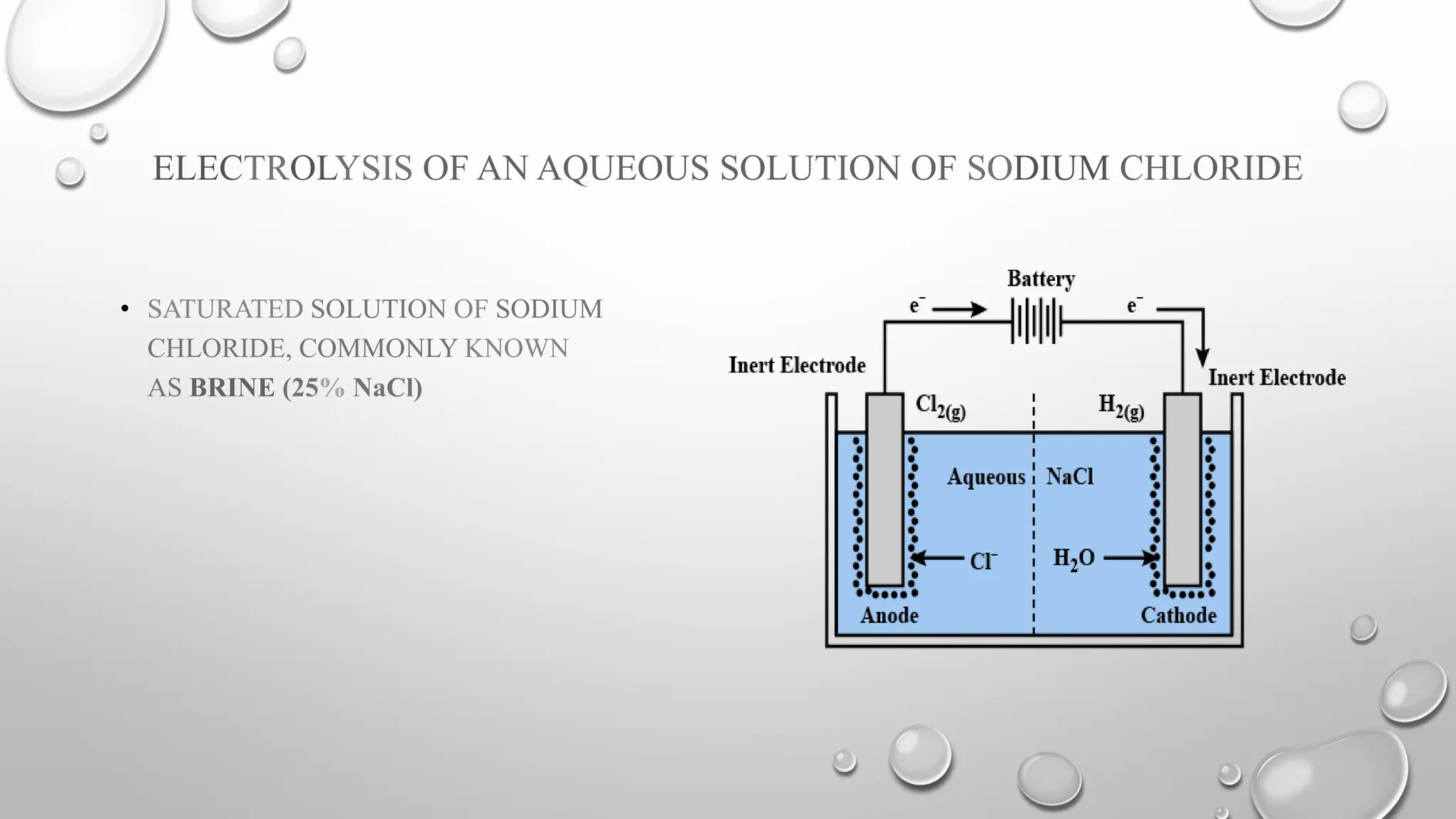 ELECTROLYSIS OF AN AQUEOUS SOLUTION OF SODIUM CHLORIDE
• SATURATED SOLUTION OF SODIUM
CHLORIDE, COMMONLY KNOWN
AS BRINE (25% NaCl)
 