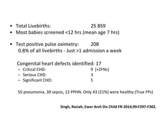 • Total Livebirths: 25 859
• Most babies screened <12 hrs (mean age 7 hrs)
• Test positive pulse oximetry: 208
0.8% of all...