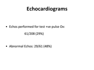 Echocardiograms
• Echos performed for test +ve pulse Ox:
61/208 (29%)
• Abnormal Echos: 29/61 (48%)
 
