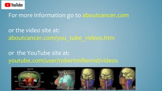 For more information go to aboutcancer.com
or the video site at:
aboutcancer.com/you_tube_videos.htm
or the YouTube site at:
youtube.com/user/robertmillermd/videos
 