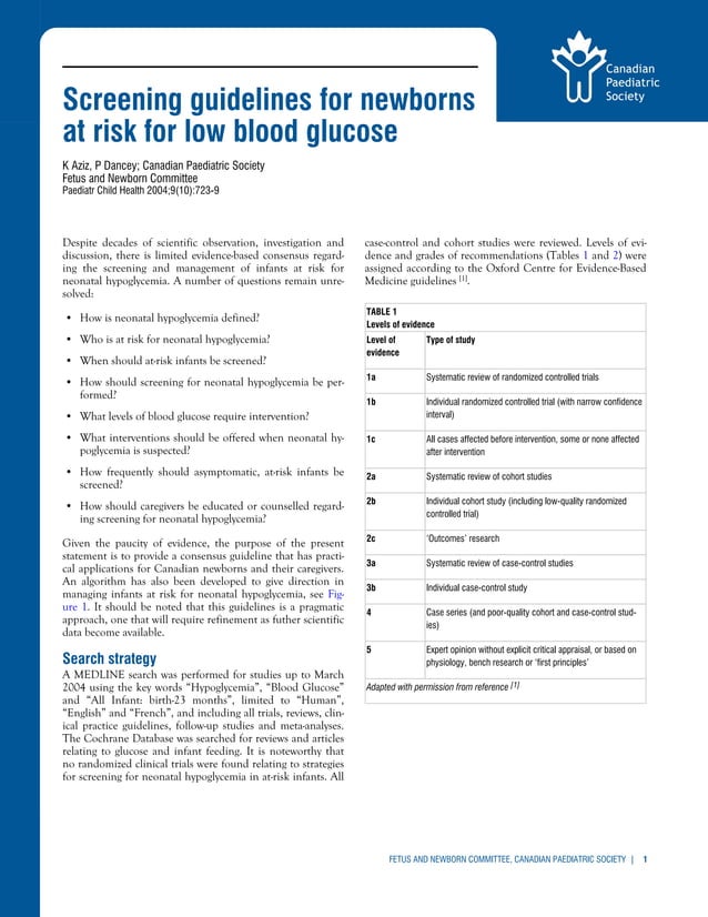 Screening guidelines for newborns at risk for low blood glucose PDF
