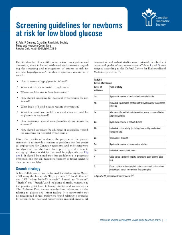 Screening guidelines for newborns at risk for low blood glucose