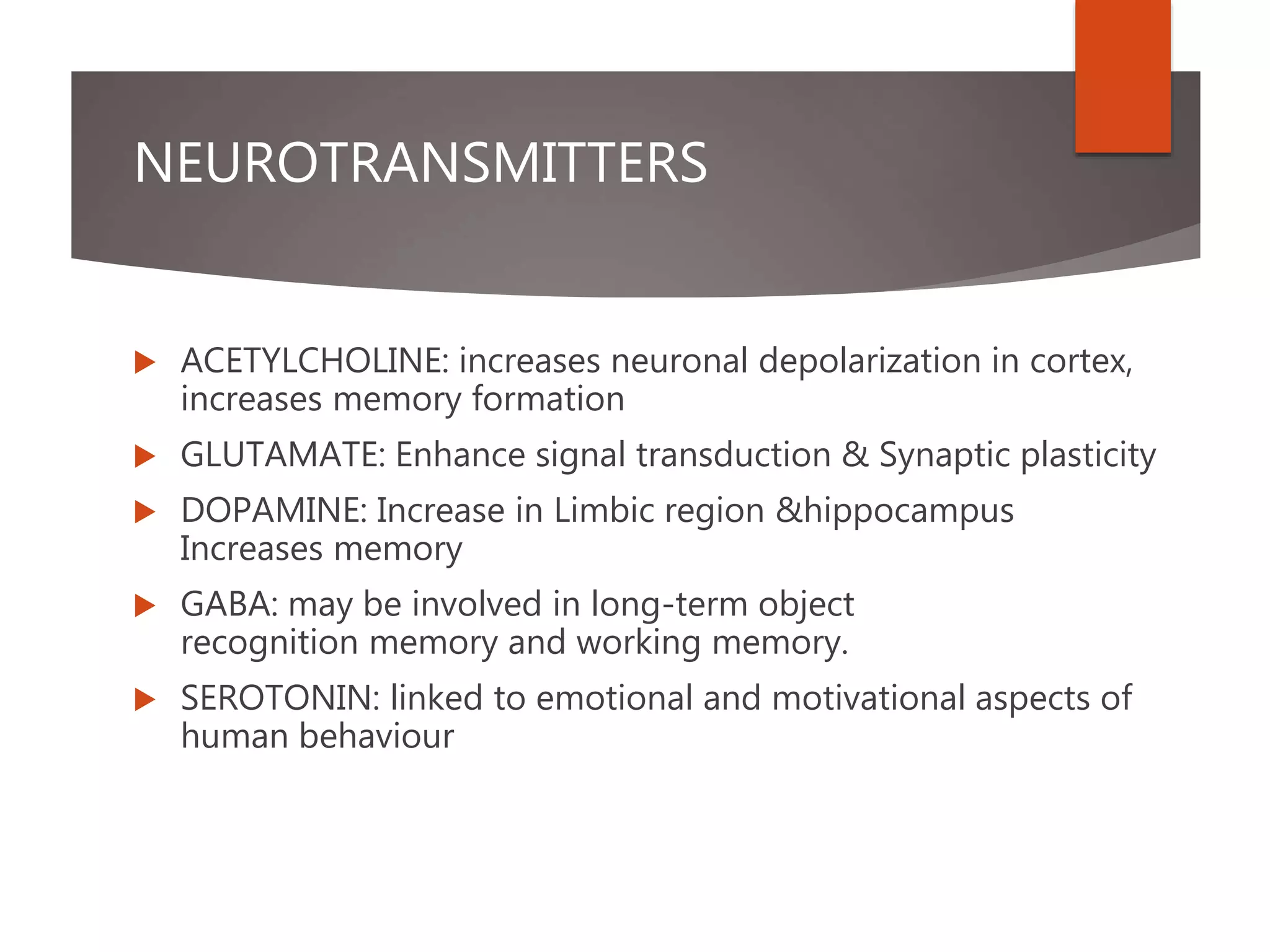 NEUROTRANSMITTERS
 ACETYLCHOLINE: increases neuronal depolarization in cortex,
increases memory formation
 GLUTAMATE: Enhance signal transduction & Synaptic plasticity
 DOPAMINE: Increase in Limbic region &hippocampus
Increases memory
 GABA: may be involved in long-term object
recognition memory and working memory.
 SEROTONIN: linked to emotional and motivational aspects of
human behaviour
 