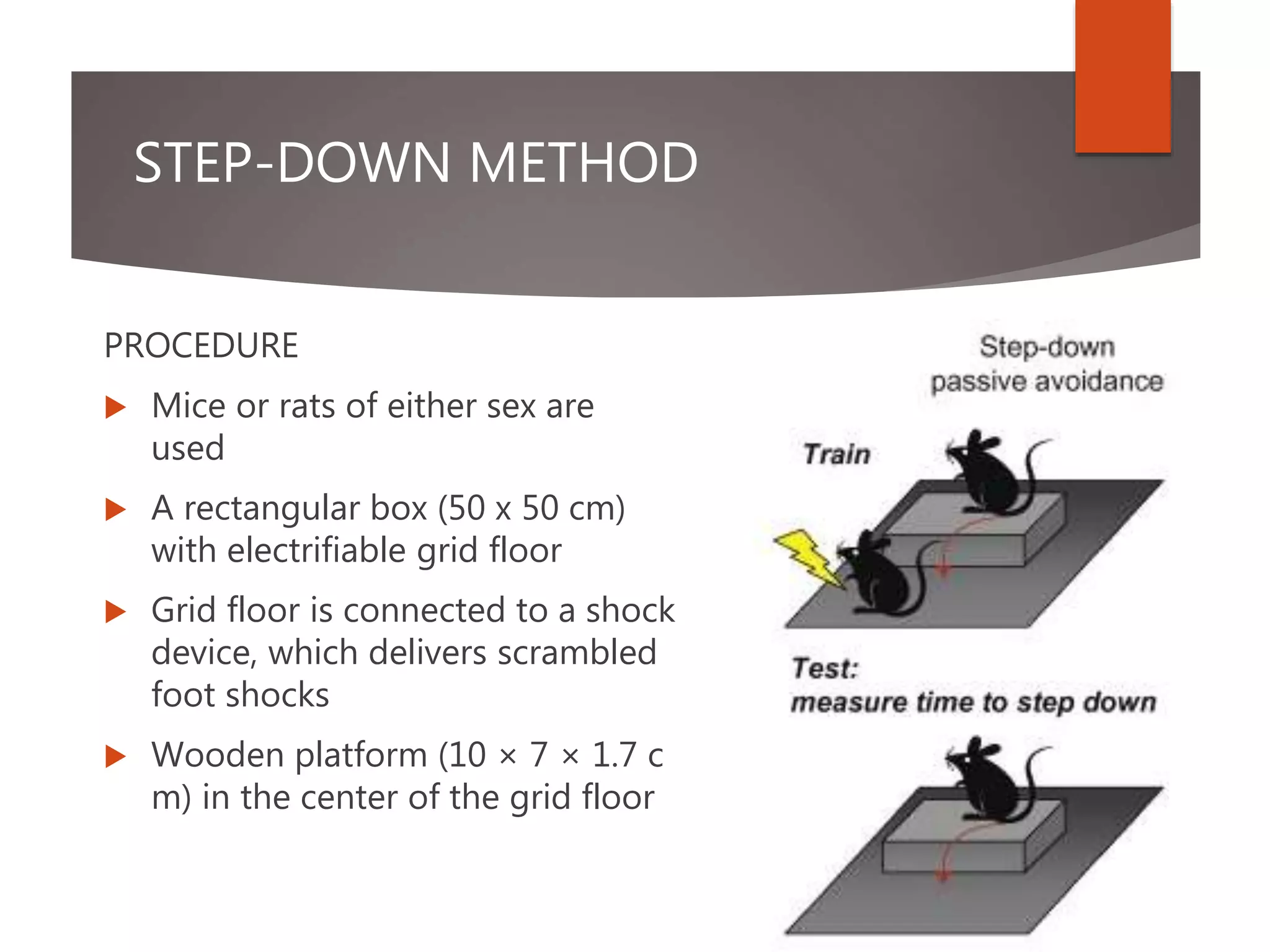 STEP-DOWN METHOD
PROCEDURE
 Mice or rats of either sex are
used
 A rectangular box (50 x 50 cm)
with electrifiable grid floor
 Grid floor is connected to a shock
device, which delivers scrambled
foot shocks
 Wooden platform (10 × 7 × 1.7 c
m) in the center of the grid floor
 