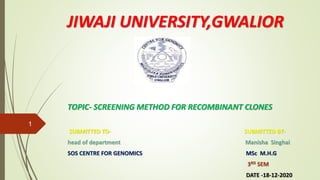 JIWAJI UNIVERSITY,GWALIOR
TOPIC- SCREENING METHOD FOR RECOMBINANT CLONES
SUBMITTED TO- SUBMITTED BY-
head of department Manisha Singhai
SOS CENTRE FOR GENOMICS MSc M.H.G
3RD SEM
DATE -18-12-2020
1
 