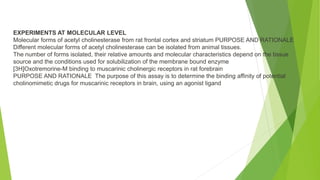 EXPERIMENTS AT MOLECULAR LEVEL
Molecular forms of acetyl cholinesterase from rat frontal cortex and striatum PURPOSE AND RATIONALE
Different molecular forms of acetyl cholinesterase can be isolated from animal tissues.
The number of forms isolated, their relative amounts and molecular characteristics depend on the tissue
source and the conditions used for solubilization of the membrane bound enzyme
[3H]Oxotremorine-M binding to muscarinic cholinergic receptors in rat forebrain
PURPOSE AND RATIONALE The purpose of this assay is to determine the binding affinity of potential
cholinomimetic drugs for muscarinic receptors in brain, using an agonist ligand
 