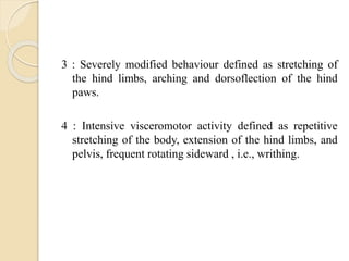 3 : Severely modified behaviour defined as stretching of
the hind limbs, arching and dorsoflection of the hind
paws.
4 : Intensive visceromotor activity defined as repetitive
stretching of the body, extension of the hind limbs, and
pelvis, frequent rotating sideward , i.e., writhing.
 