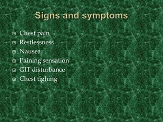  Chest pain
 Restlessness
 Nausea
 Paining sensation
 GIT disturbance
 Chest tighing
 